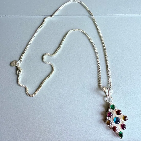 Multi Color Cubic Zirconia Sterling Silver Rhombus Pendant Chain Necklace